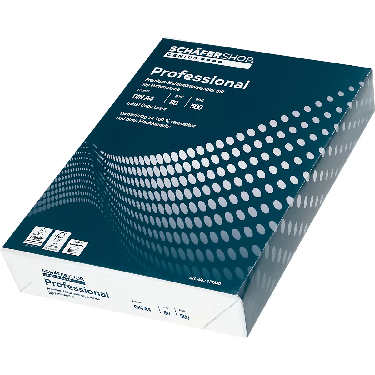 Embalaje de papel azul y blanco con letras 'Professional'. Contiene papel DIN A4, impreso con logotipos e información.