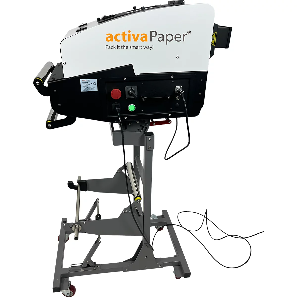 Eine Packmaschine mit dem Schriftzug "activaPaper". Sie steht auf einem fahrbaren Gestell, mit einem roten und einem grünen Knopf.