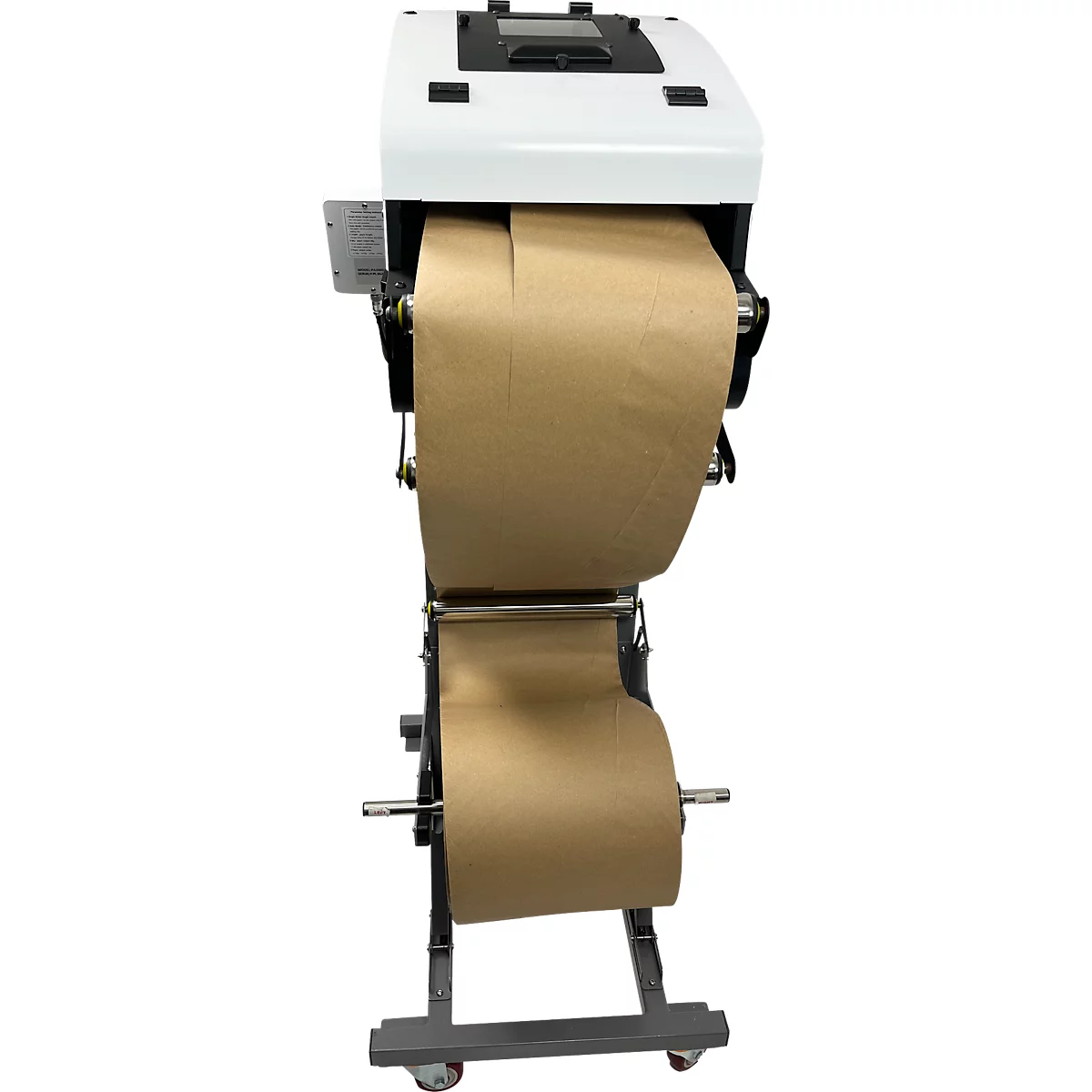 Verpackungsmaschine mit braunem Papier, bereit zum Verpacken. Auf Rädern, für einfachen Transport.