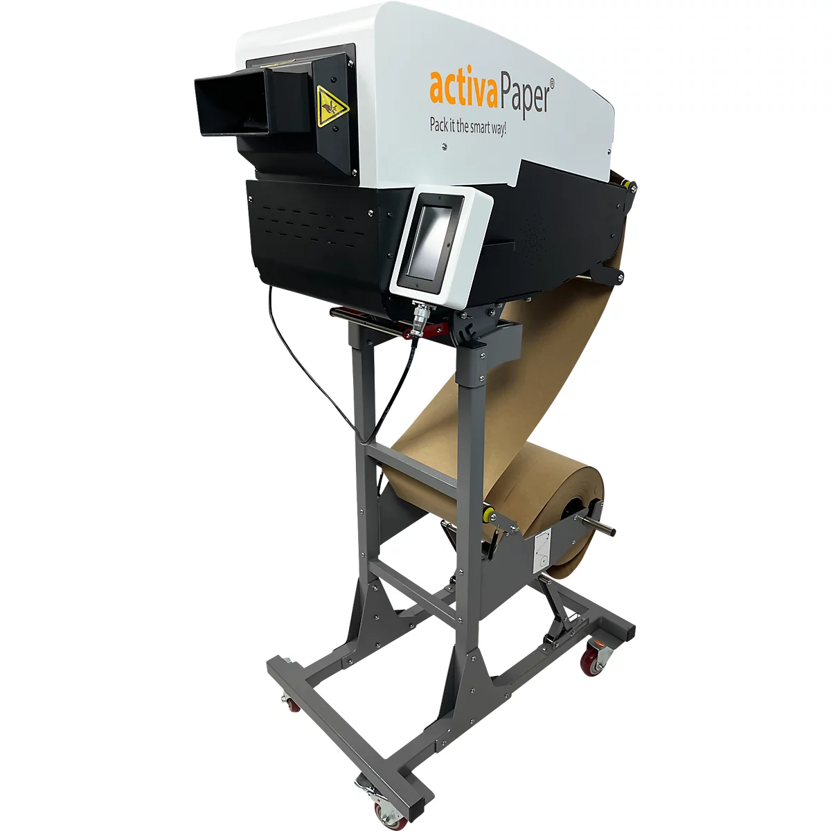 Verpackungsmaschine mit Papierrolle. Aufschrift 'activaPaper'. Graues Gestell mit Rollen, braunes Papier kommt heraus.