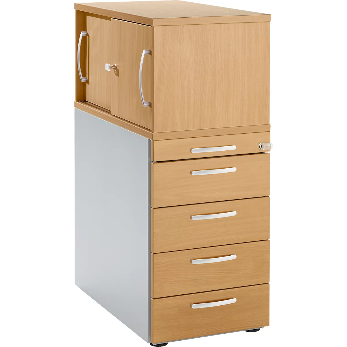 Office cabinet with wooden front and drawers, cupboard door at the top, light colors.
