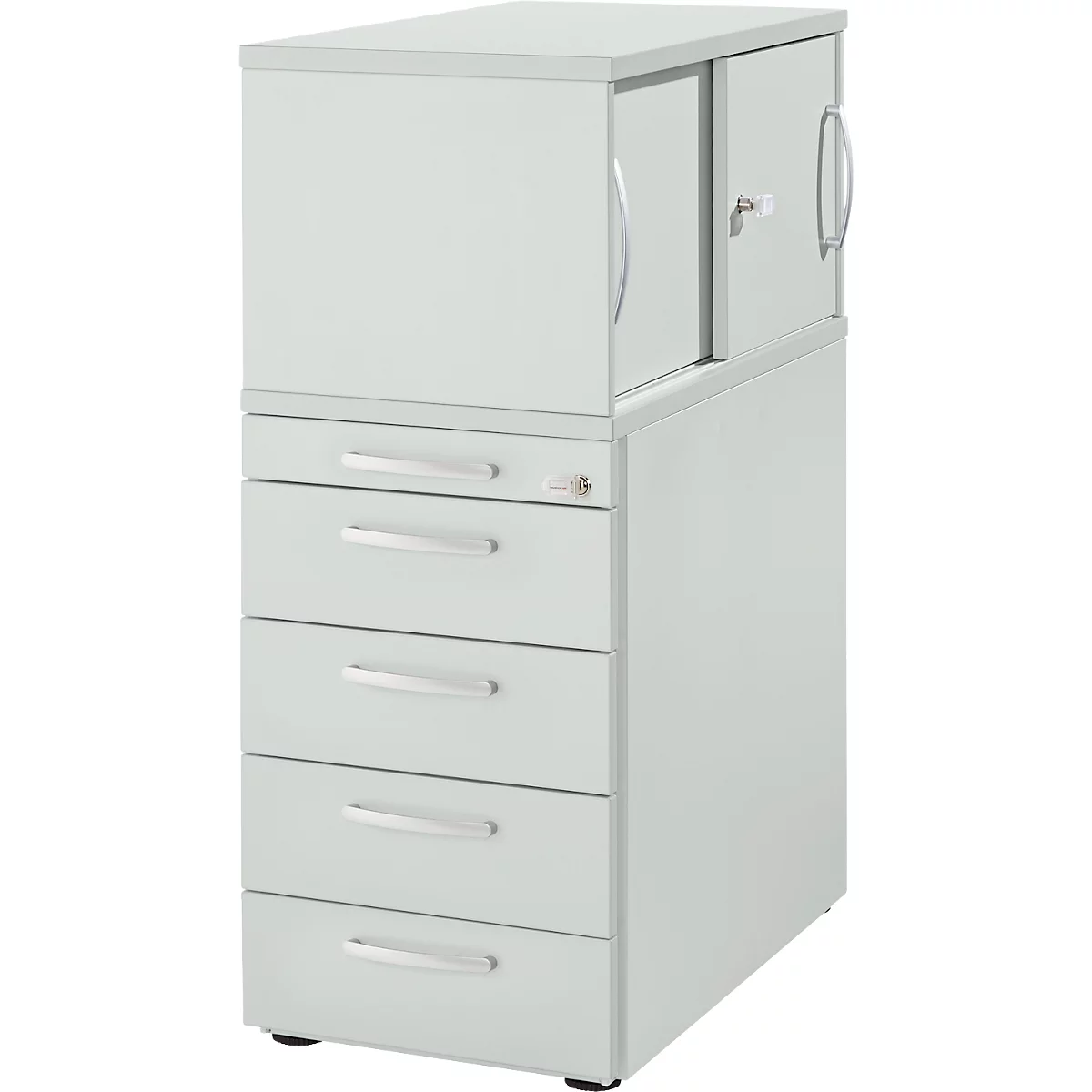 Gray filing cabinet with drawers and cabinet. Handles and lock visible.