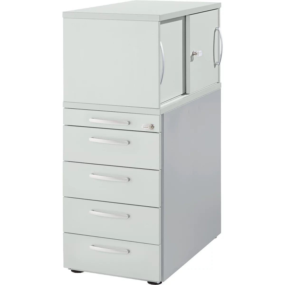 Gray filing cabinet with sliding doors and drawers. Handles and locks are visible.