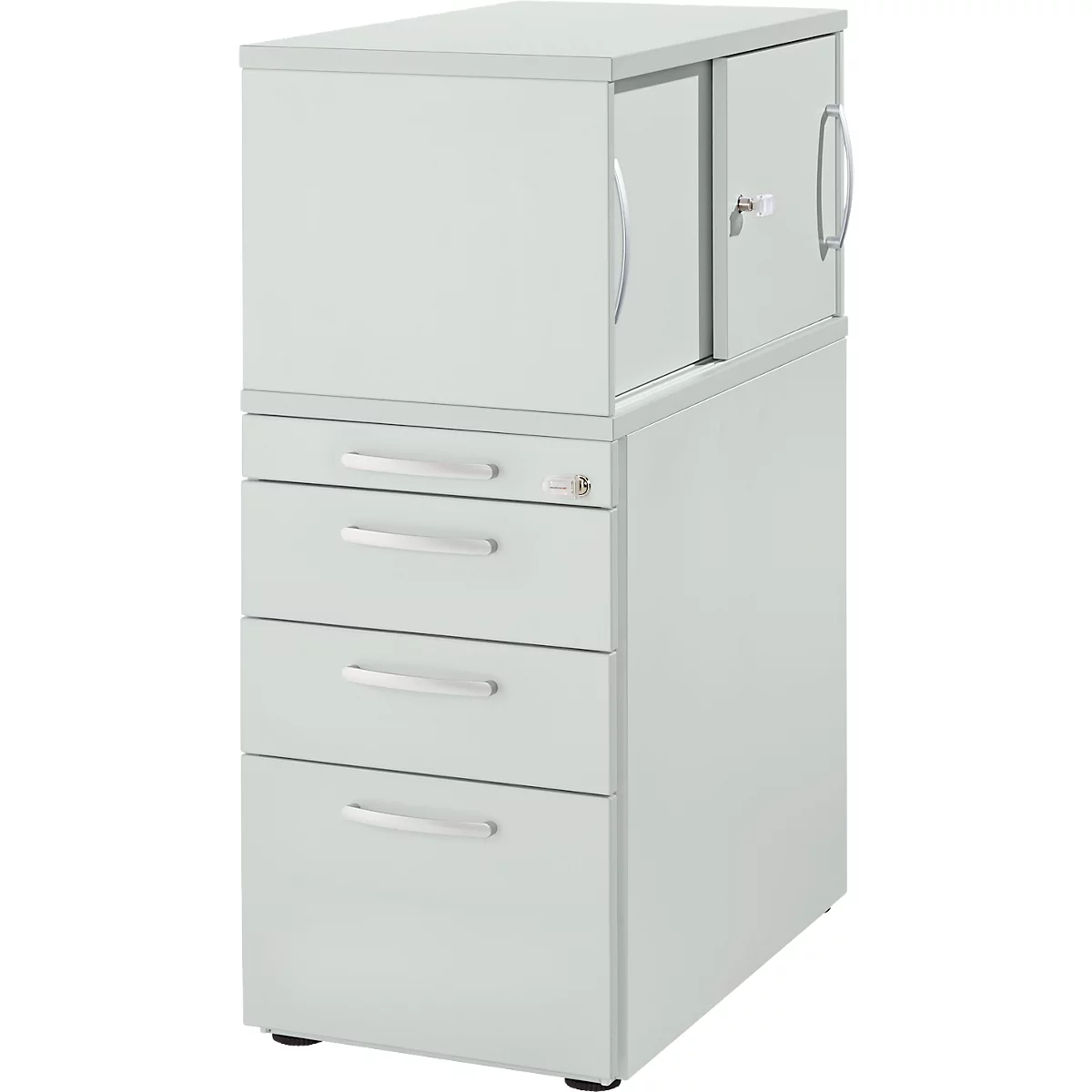 Gray filing cabinet with drawers and cabinet doors. A lock is visible on the cabinet.