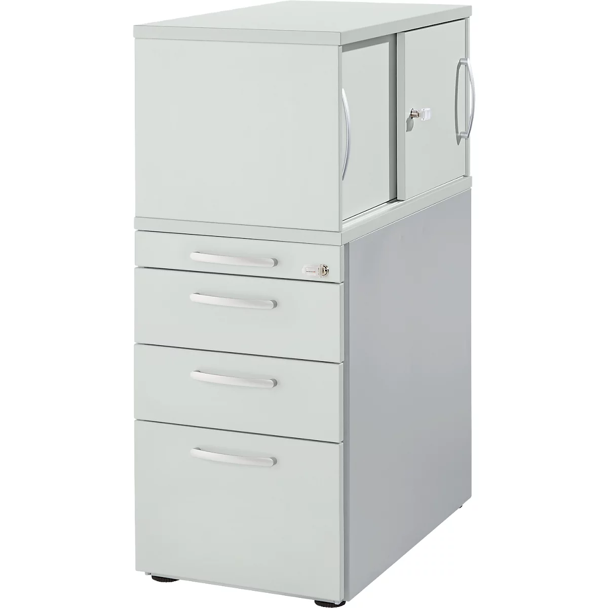 Grey stackable office cabinet with drawers and sliding doors, silver handles and keys.