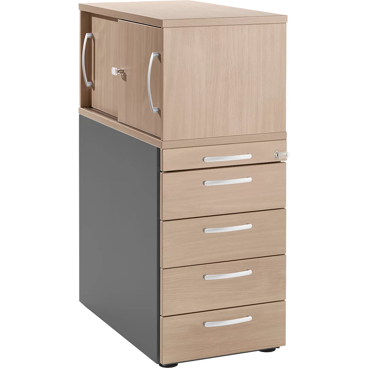 A tall filing cabinet, two-toned, with doors and drawers. The top half is light, with doors and handles, the bottom half is dark grey.