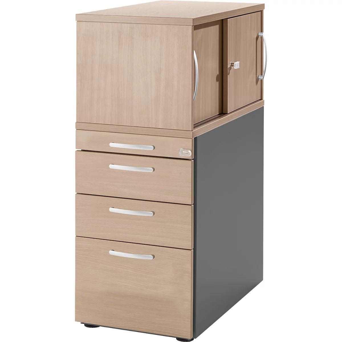 Beige-grey office cabinet with drawers and cupboard, silver handles. The top has sliding doors.