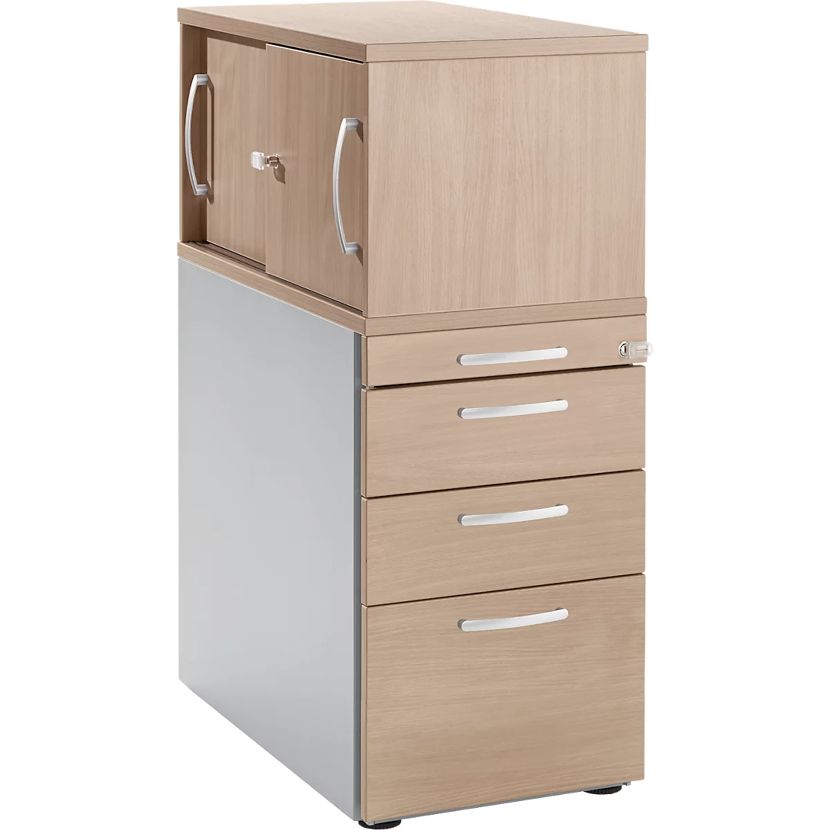 Combination of light wood cabinet with drawers and doors.