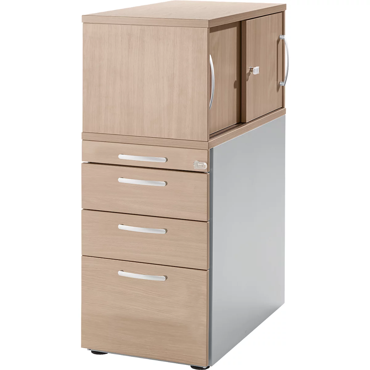 Office cabinet with drawers and cabinet compartment, in wood look, with silver handles and grey sides.