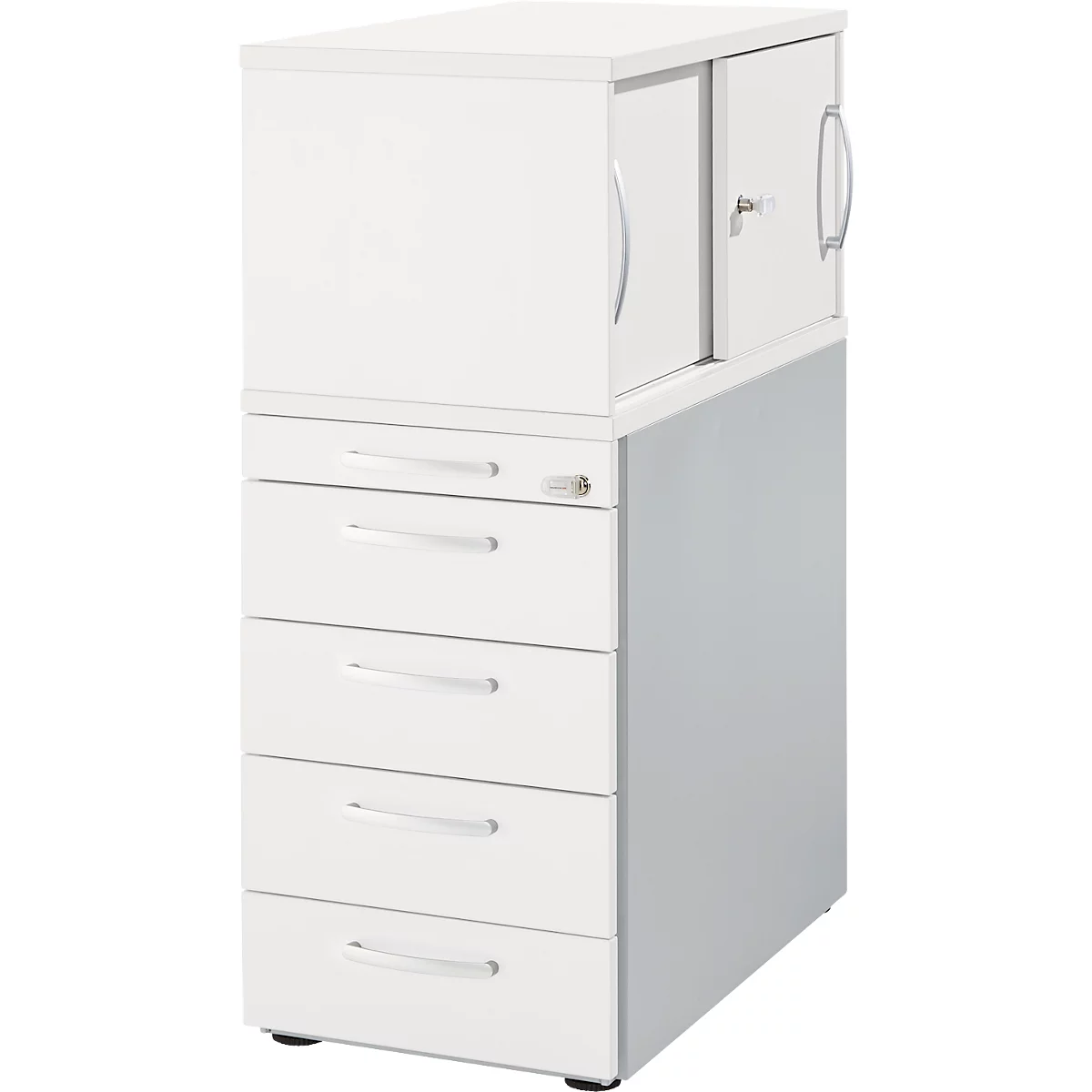 White office cabinet with drawers and a cabinet section with sliding doors. The cabinet stands on a light grey background.