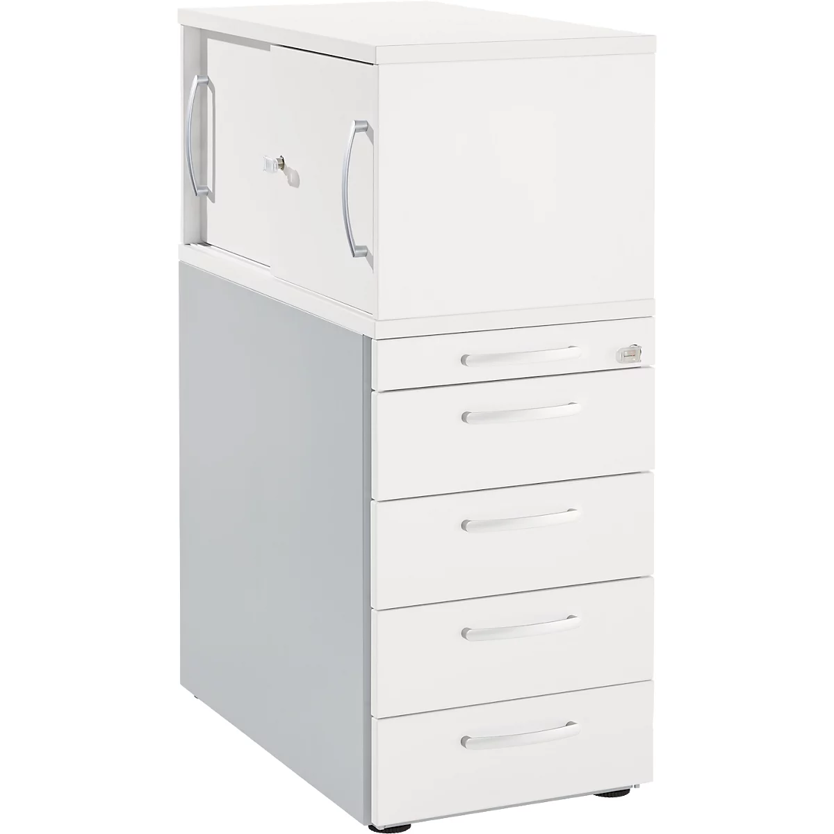 White office cabinet with drawers and a door. The upper compartment is white and has a door, the lower compartment has drawers.