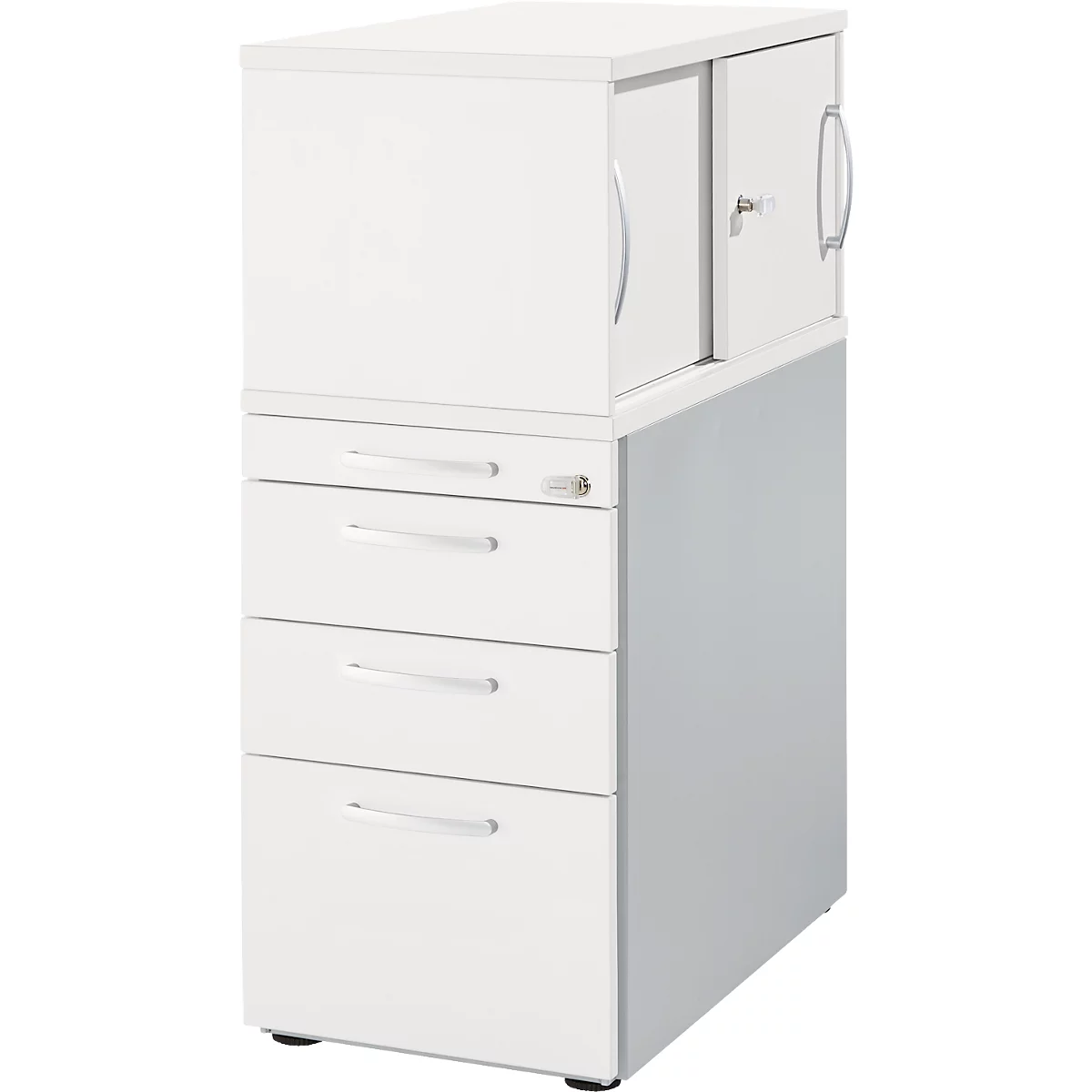 White filing cabinet with drawers and cabinet section with sliding doors and lock.