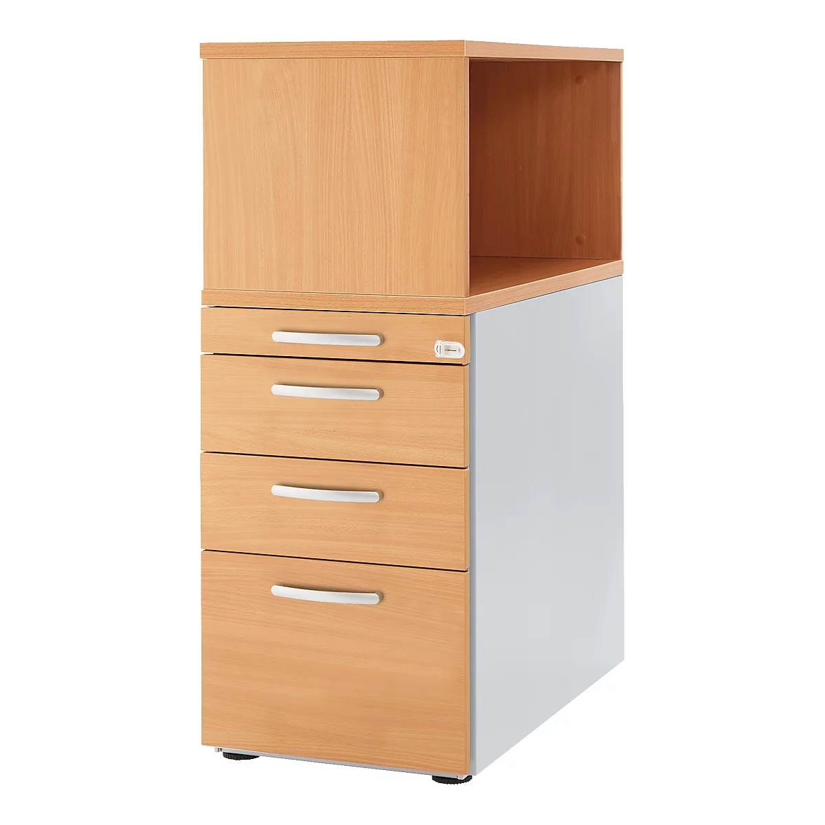 Cabinet with drawers and open compartment. Light brown wood look, gray side panels, silver handles.