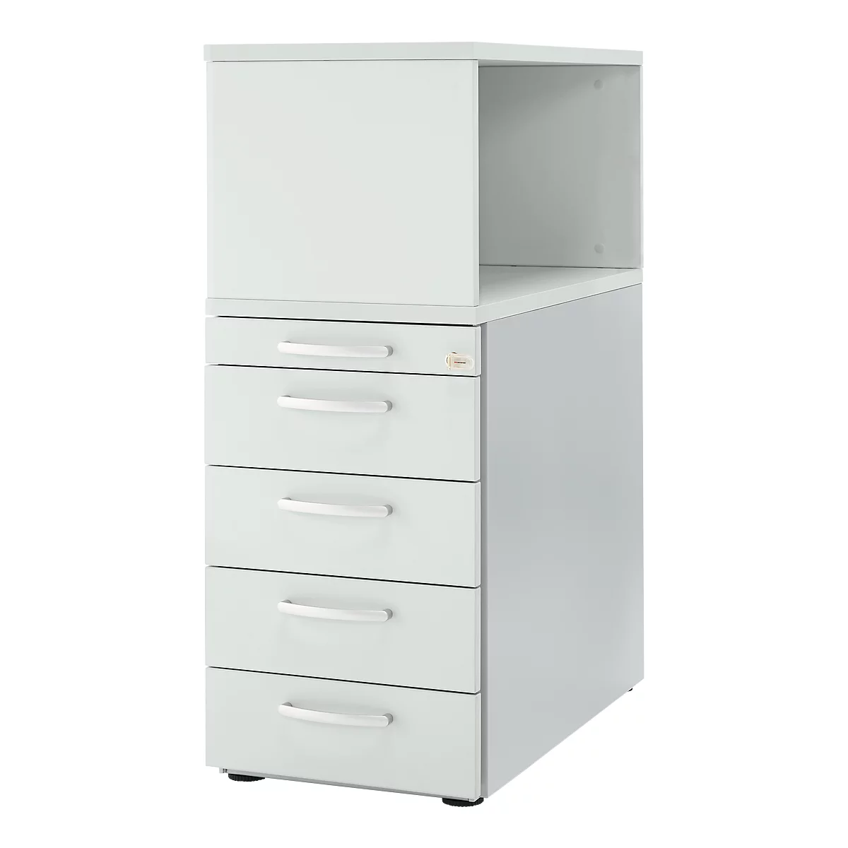 A white, tall filing cabinet with drawers and shelf.