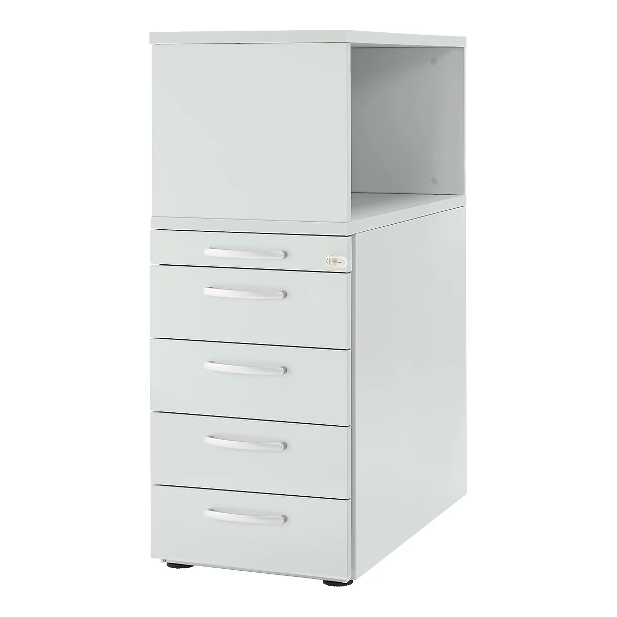 Light gray cabinet with drawers and an open compartment.