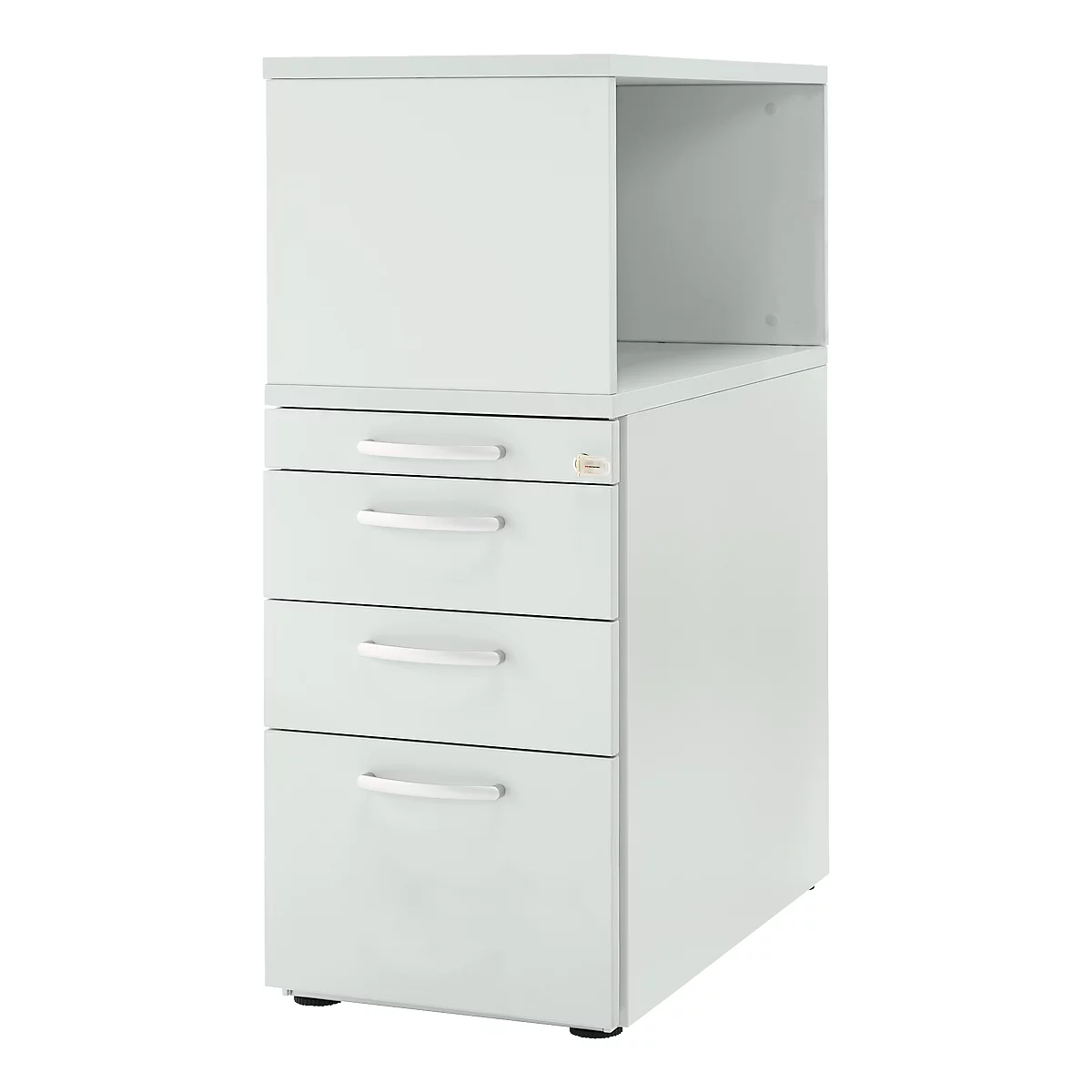 White filing cabinet with drawers and open compartment. Metal, silver handles. Three drawers, one open compartment.