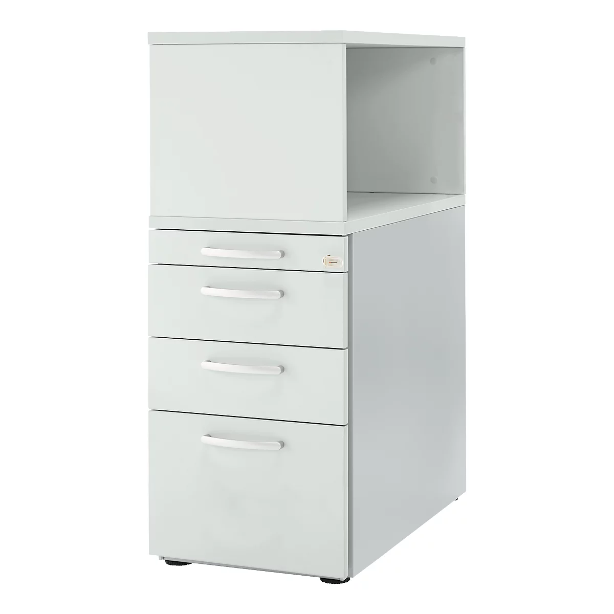 Grey office cabinet with drawers and open compartment. On white background.