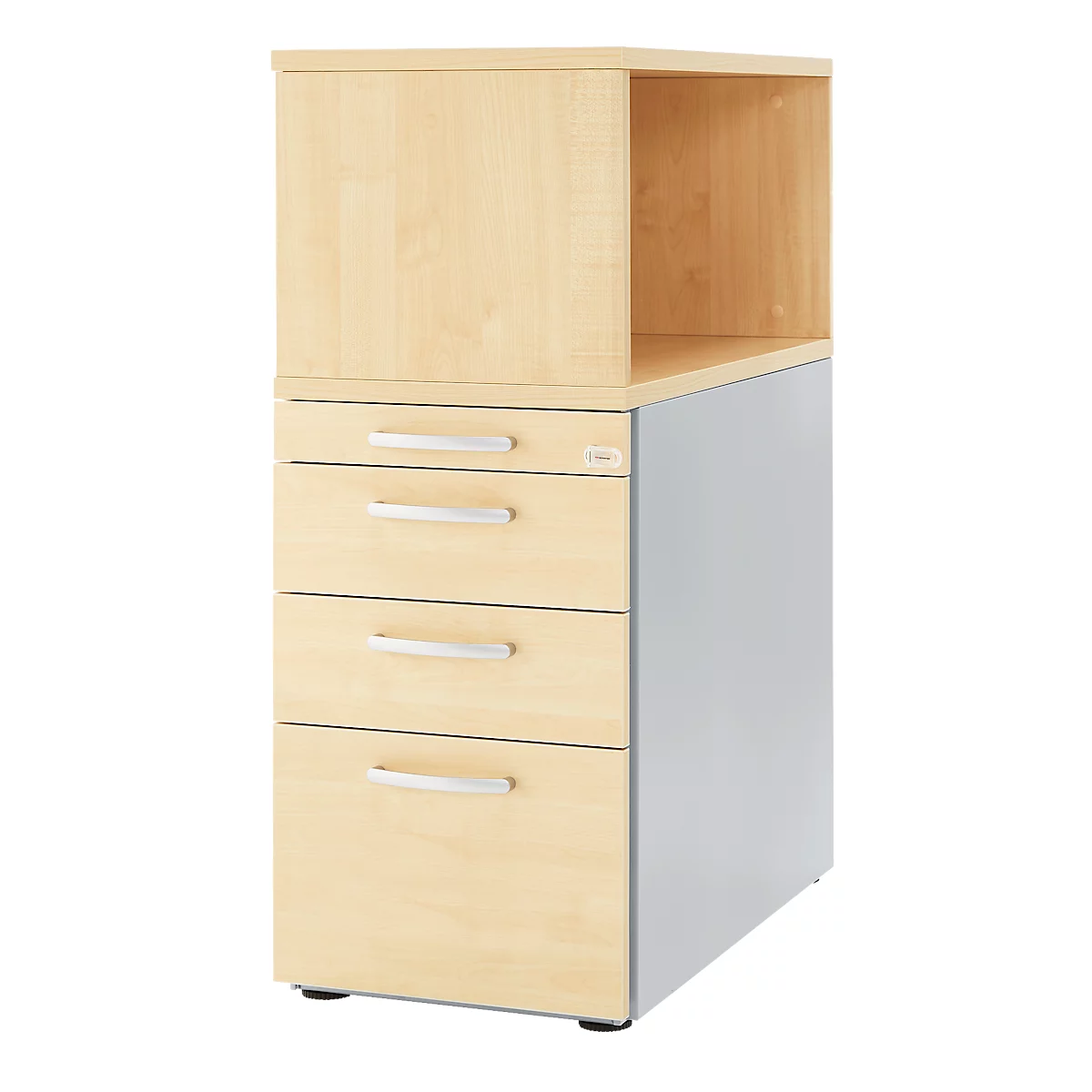 A wooden filing cabinet with three drawers and an open shelf section. Right side silver gray.