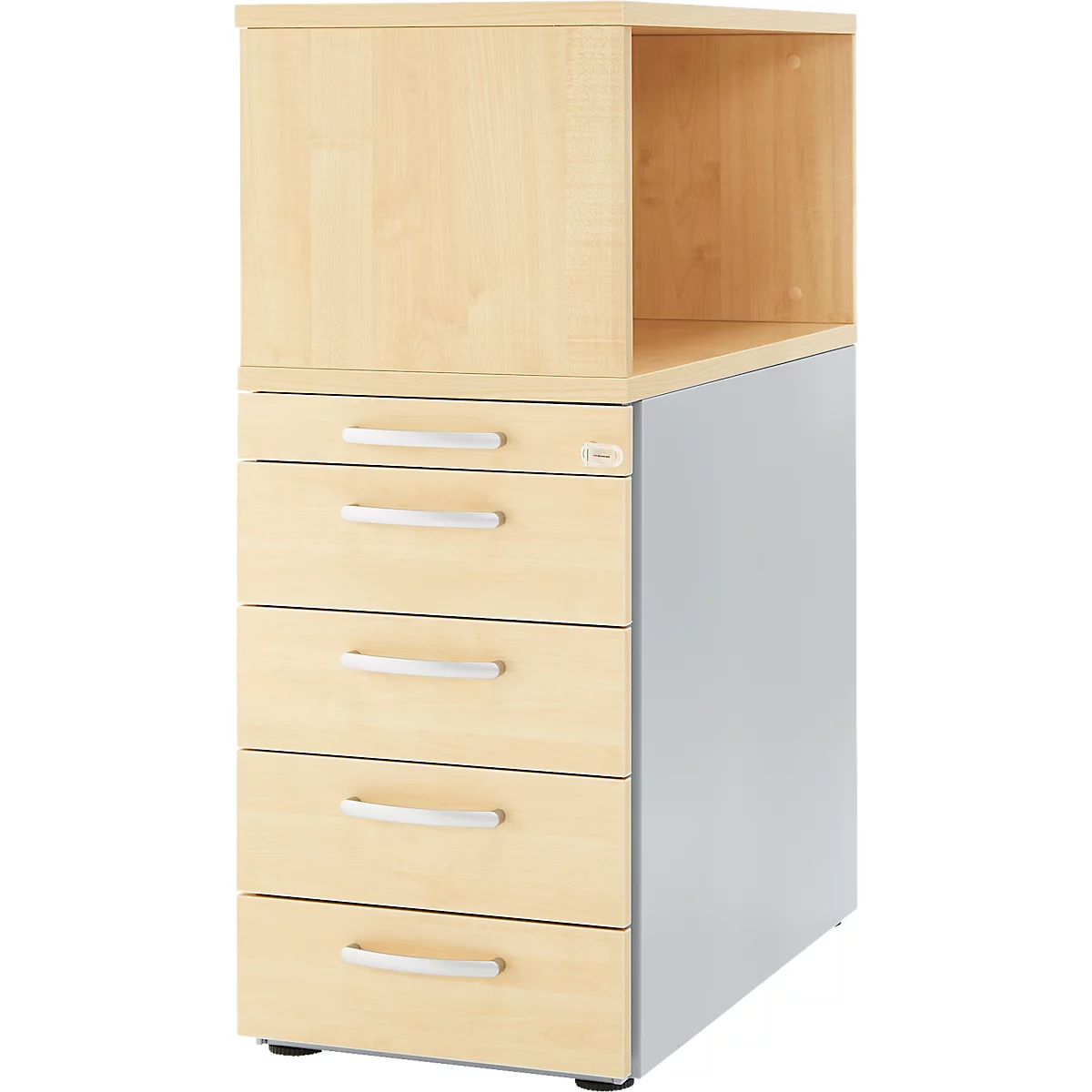 Tall cabinet in light wood with 5 drawers and a recess. Gray sides and silver handles.