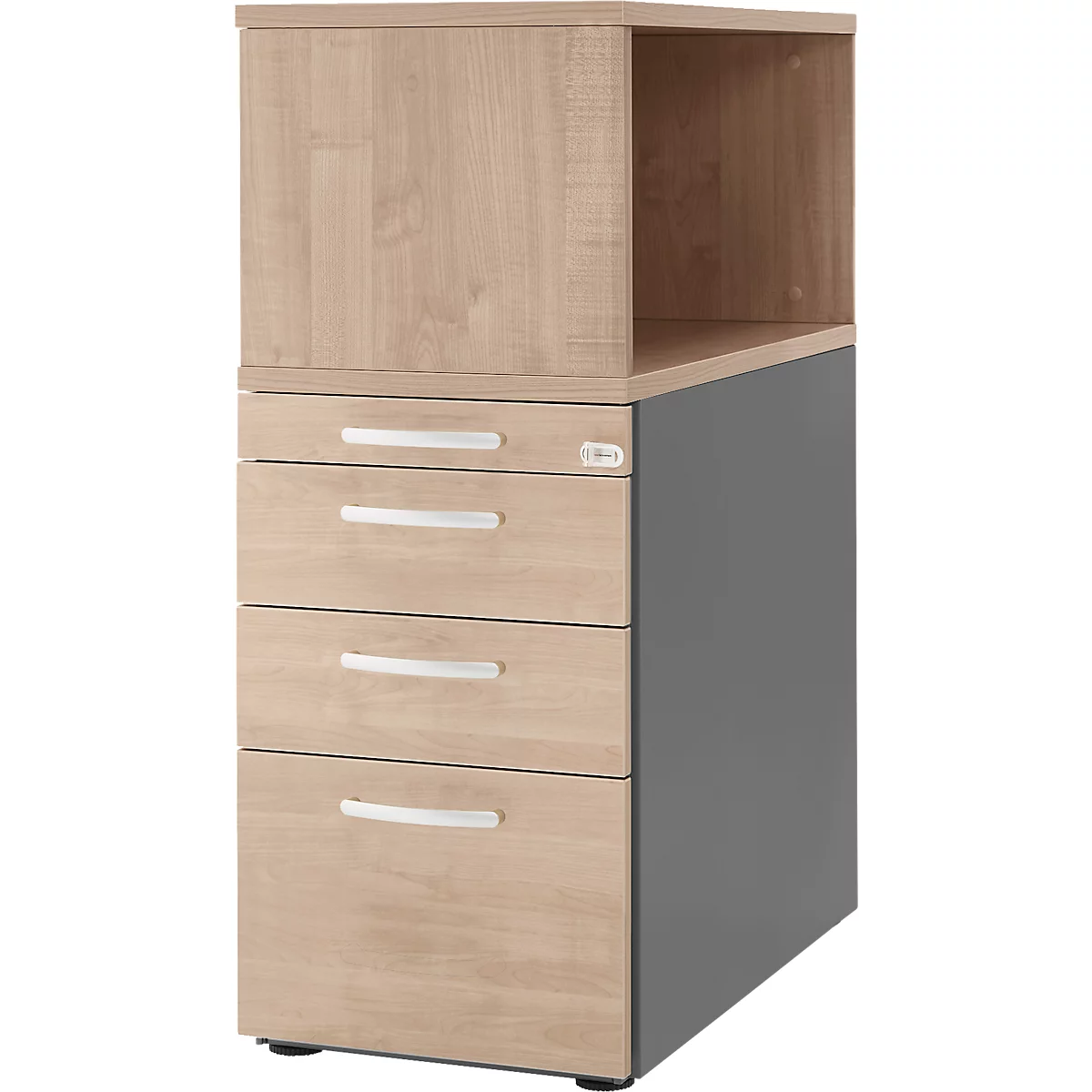A light brown filing cabinet with three drawers and an open compartment.