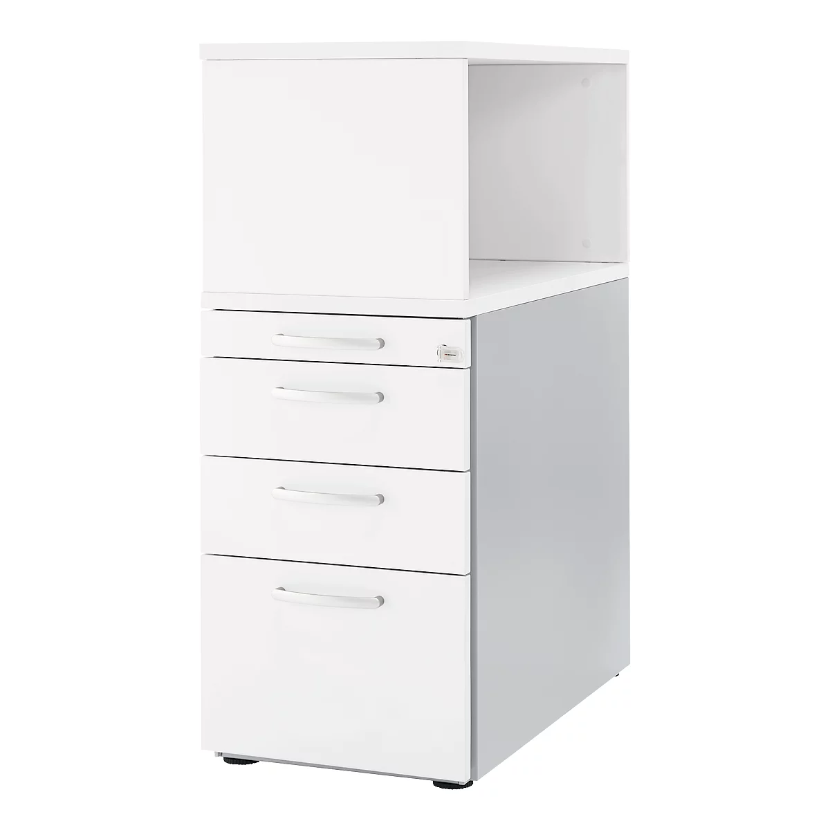 White mobile pedestal with four drawers, including an open shelf, against a white background.