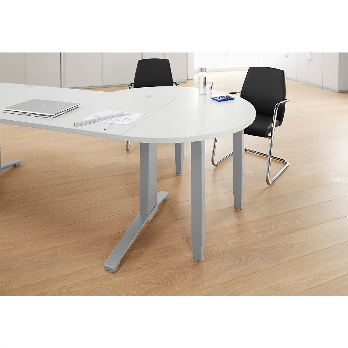 Schäfer Shop Genius PLANOVA ergoSTYLE aanschuiftafel, 3/4 cirkel, rechts of links uitschuifbaar, aluminium lichtgrijs/wit