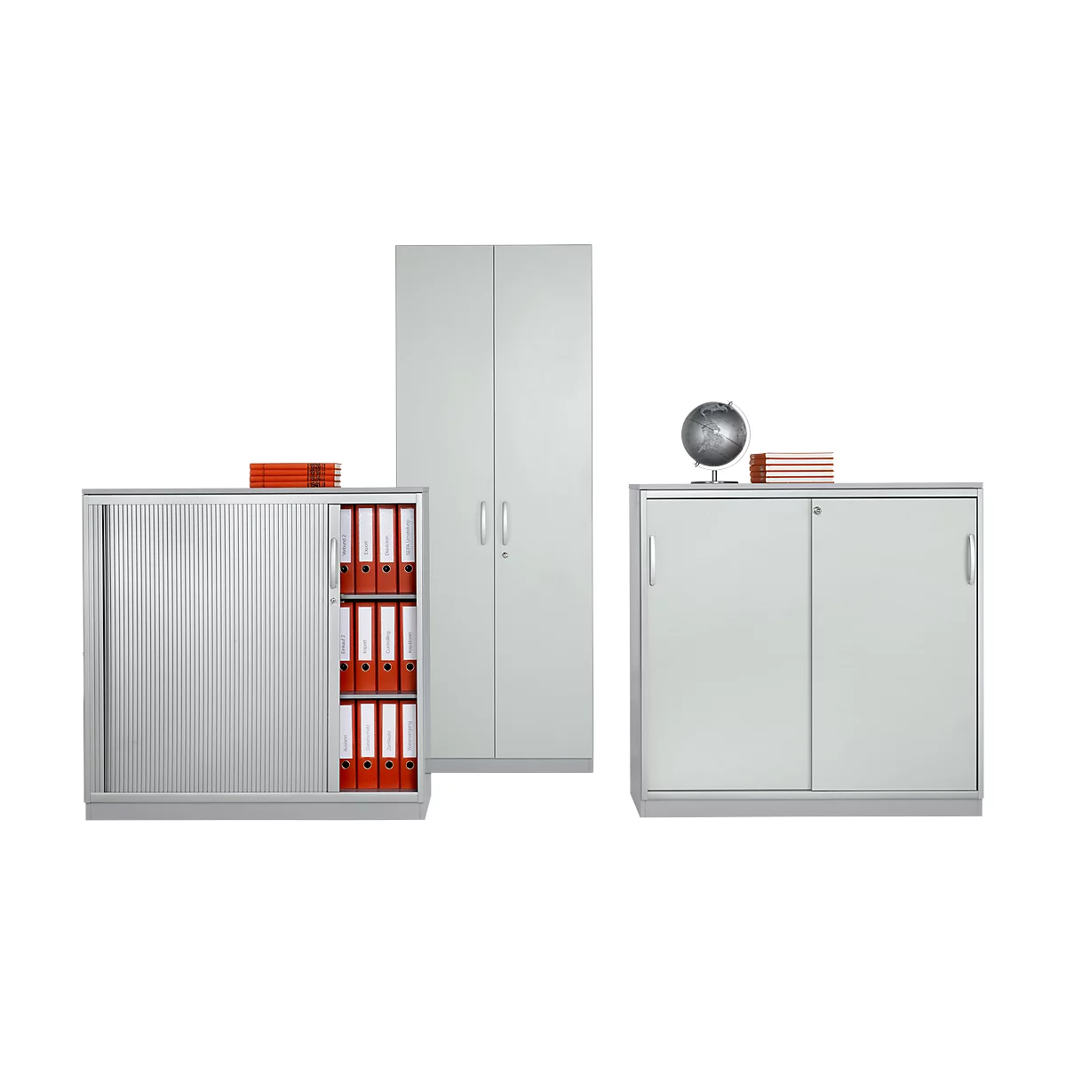 Schäfer Shop Genius Querrollladenschrank TETRIS SOLID, 3 OH, B 1200 x T 413 x H 1170 mm, mit Böden und Abdeckplatte, lichtgrau/weißalu 