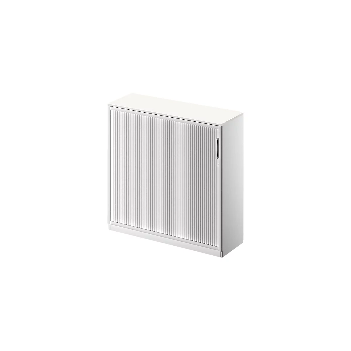 Weißer Schrank mit Lamellen-Rollladen. Griff an der Seite. Klare Linien, minimalistisches Design.