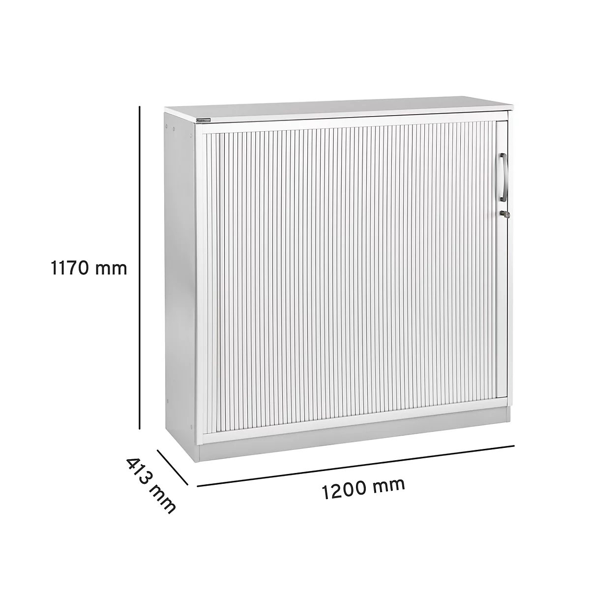 Weißer Aktenschrank mit Rollladen. Maße: 1200 x 413 x 1170 mm. Griff und Schließzylinder.