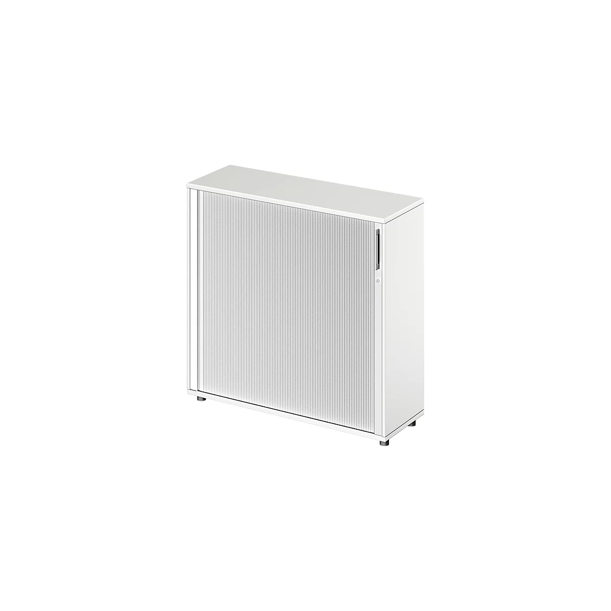 Weisser Schrank mit Lamellentür.