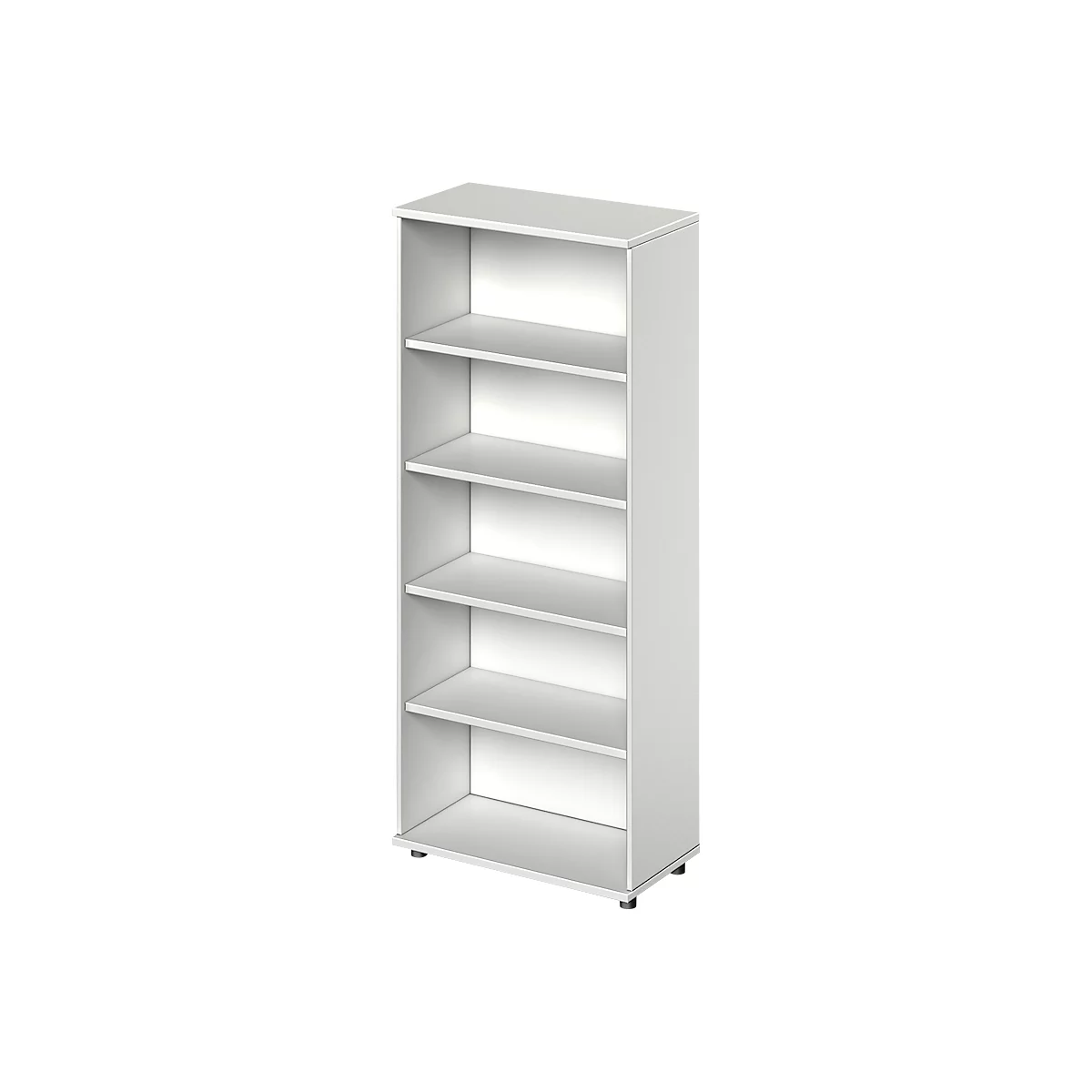 Weißes Bücherregal mit fünf Regalböden, stehend auf kleinen Füßen.