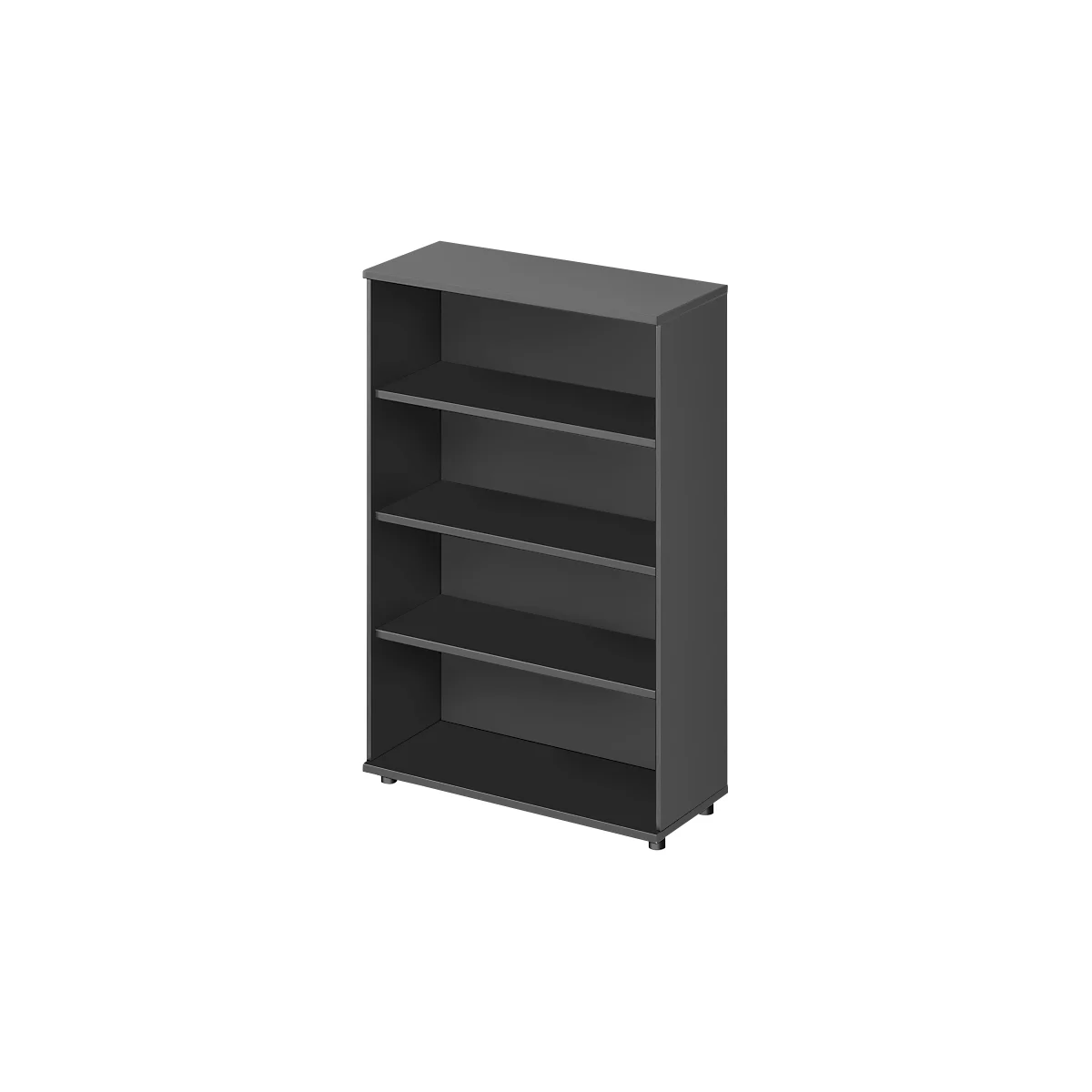 Donkergrijze boekenplank met vier compartimenten, tegen een witte achtergrond. De planken zijn leeg.