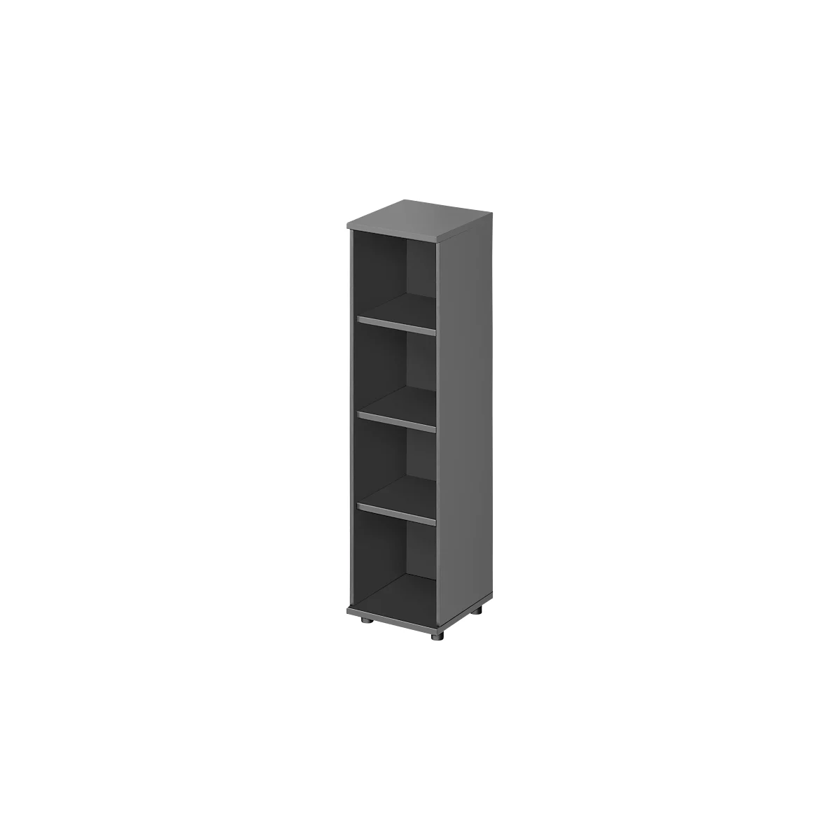 Grijze kast met vier planken. Hij staat op kleine voetjes.