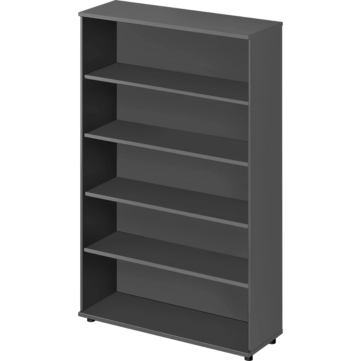 Grijze plank met vijf open vakken. De planken zijn gelijkmatig verdeeld en bieden veel opbergruimte.