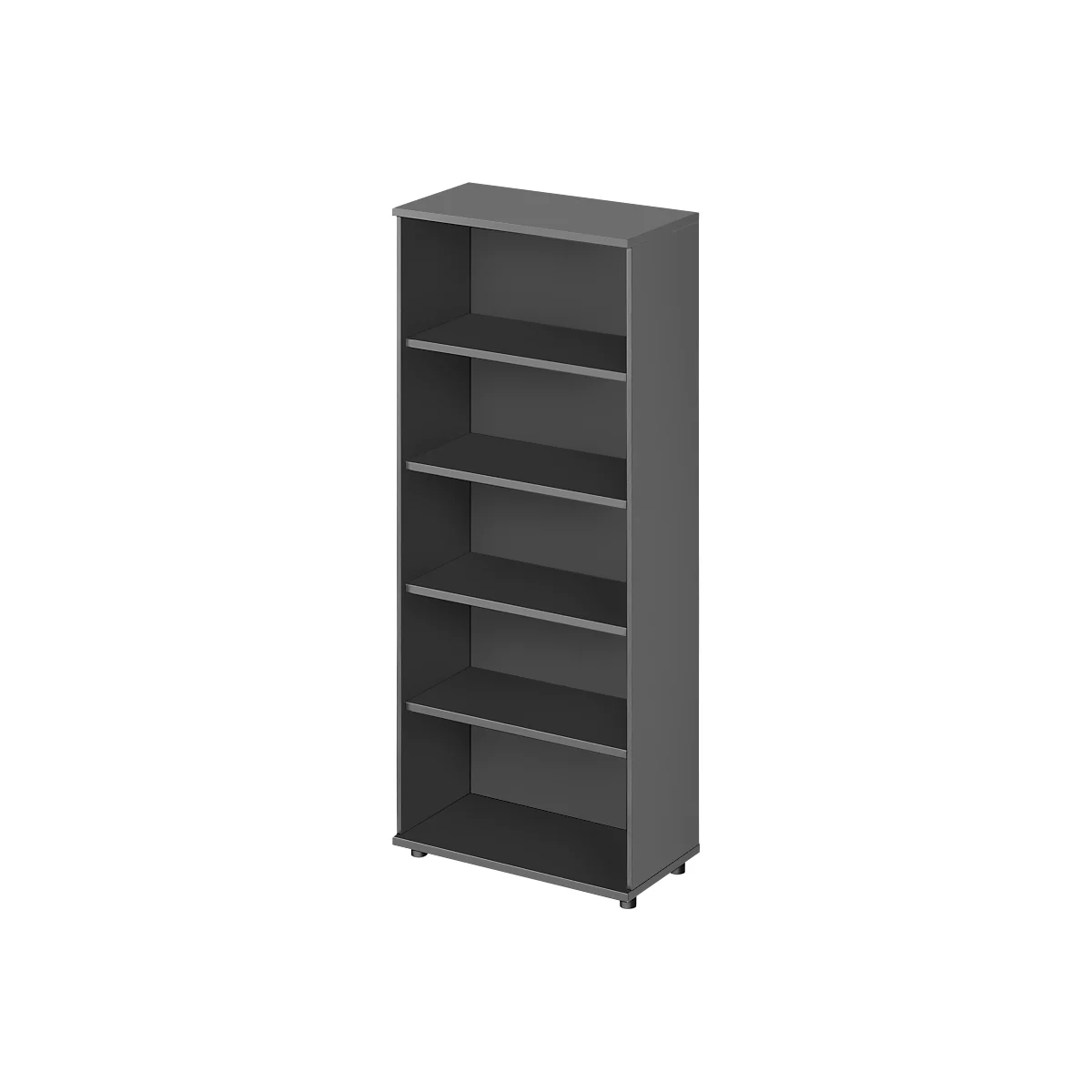 Donkergrijze boekenkast met vijf planken.