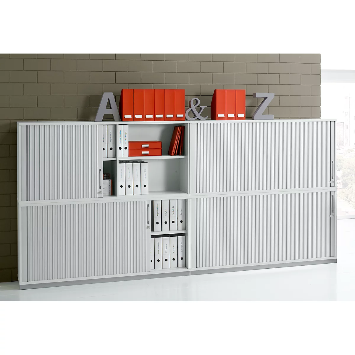 Schäfer Shop Genius Roldeurkast met dwarse roldeur TETRIS WOOD, 2 ordnerhoogten, B 1600 mm, hoogte incl. glijders, lichtgrijs