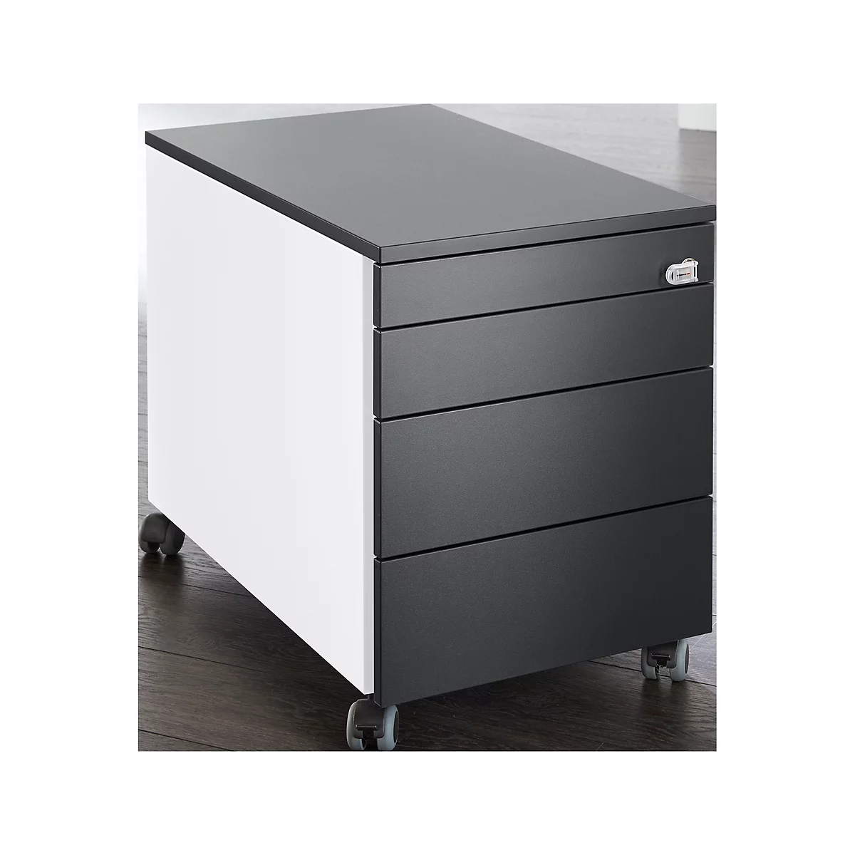 Schäfer Shop Genius Rollcontainer 1233, 4 Schübe, Zentralverschluss, seitliche Griffnut, B 435 x T 765 x H 577 mm, weiss/graphit 