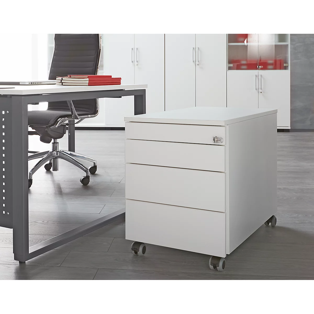 Schäfer Shop Genius Rollcontainer 1233, 4 Schübe, Zentralverschluss, seitliche Griffnut, B 435 x T 765 x H 577 mm, weiss/weiss 