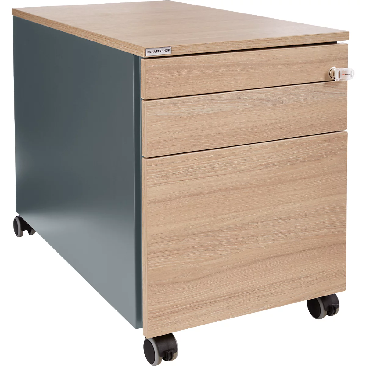 Schäfer Shop Genius Rollcontainer 126, 1 Schublade, 1 Utensilienauszug, 1 Hängeregistraturauszug, Zentralverschluss, seitliche Griffnut, B 435 x T 765 x H 577 mm, anthrazit/Eiche-Dekor
