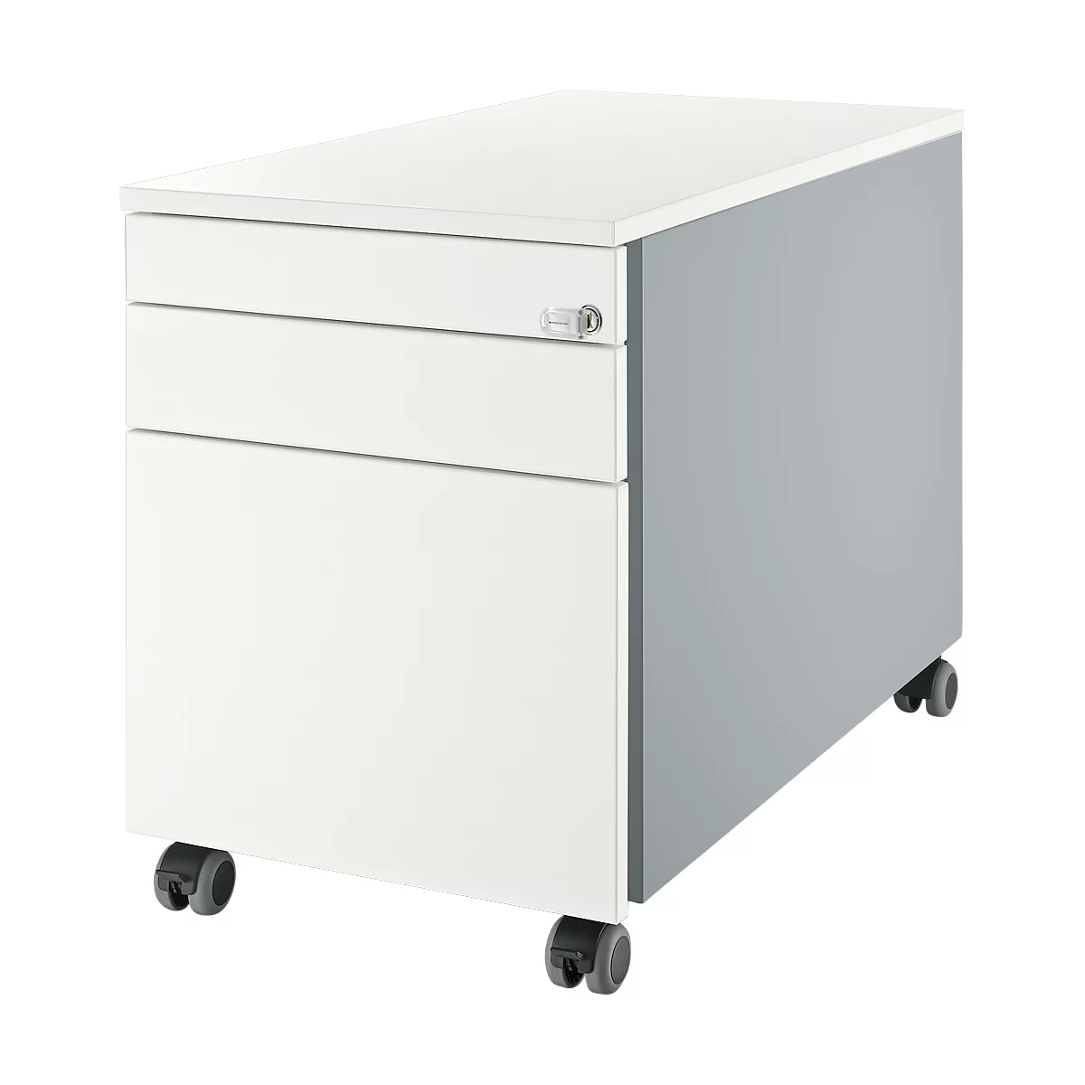 Schäfer Shop Genius Rollcontainer 126, 3 Schübe, Zentralverschluss, seitliche Griffnut, B 435 x T 765 x H 577 mm, weissalu/weissalu/weiss 