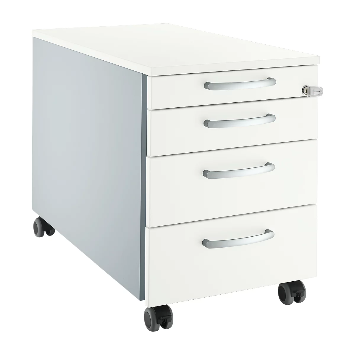 White mobile pedestal with four drawers, silver handles and lock. On grey base with casters.