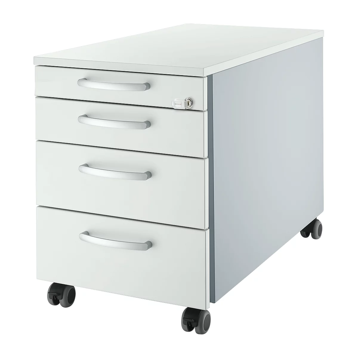 White office cabinet on wheels, with four drawers and silver handles. There is a lock on the top drawer.