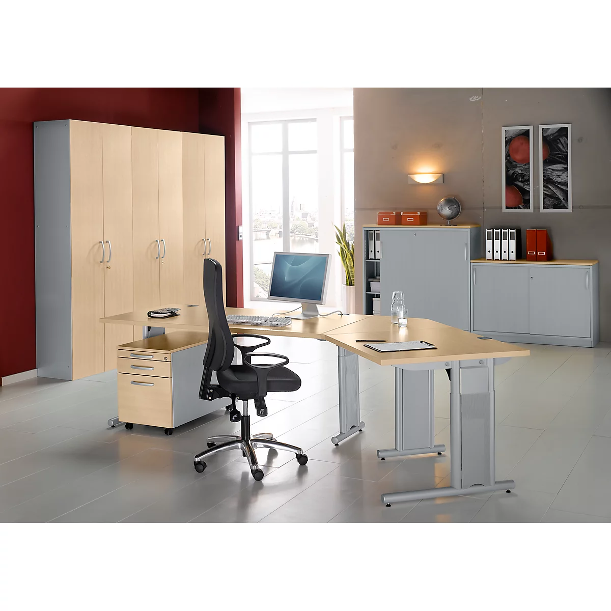 Schäfer Shop Genius Schiebetürenschrank TETRIS SOLID, 2 OH, B 1200 x H 818 mm, Mitteltrennwand, 19 mm Abdeckplatte, Ahorn/weißalu 