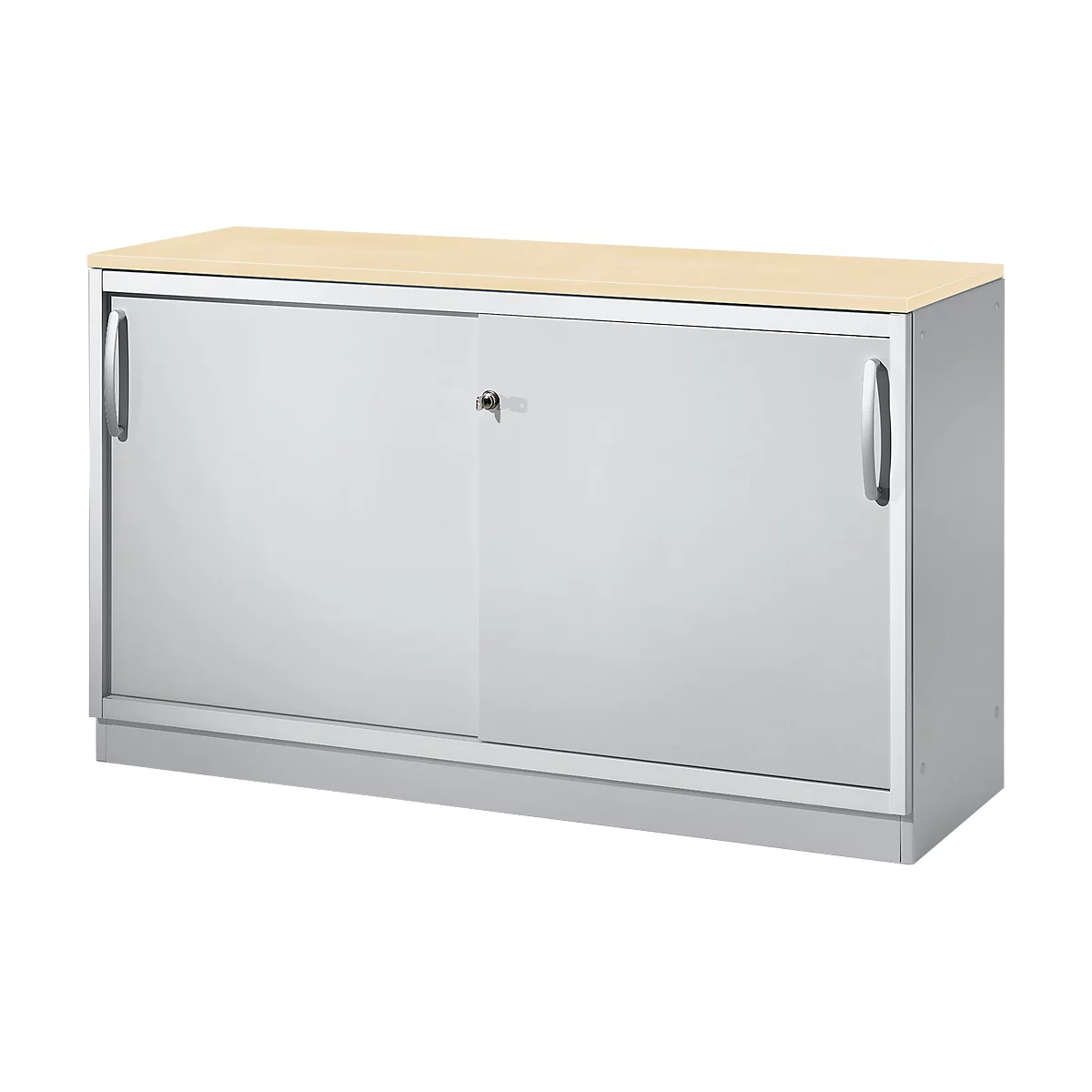 Schäfer Shop Genius Schiebetürenschrank TETRIS SOLID, 2 OH, B 1200 x H 818 mm, Mitteltrennwand, 19 mm Abdeckplatte, Ahorn/weißalu 