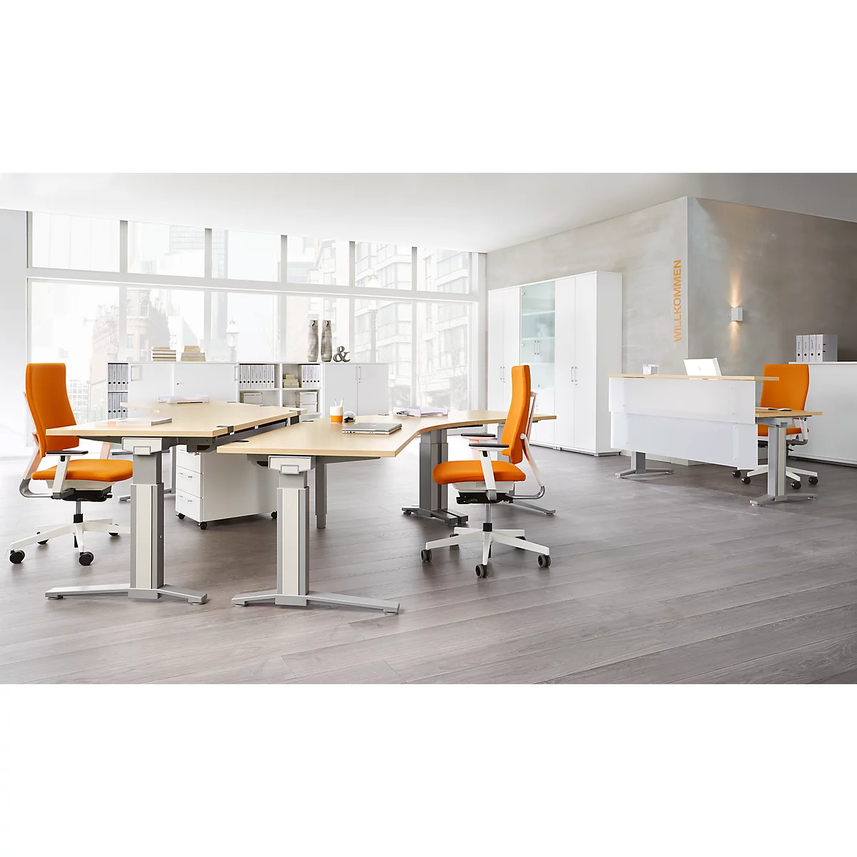 Schäfer Shop Genius Schreibtisch 135° Planova Ergostyle , Ansatz links, man. höheneinstellbar, B 2165 x T 800 mm , Ahorn-Dekor/weißalu 