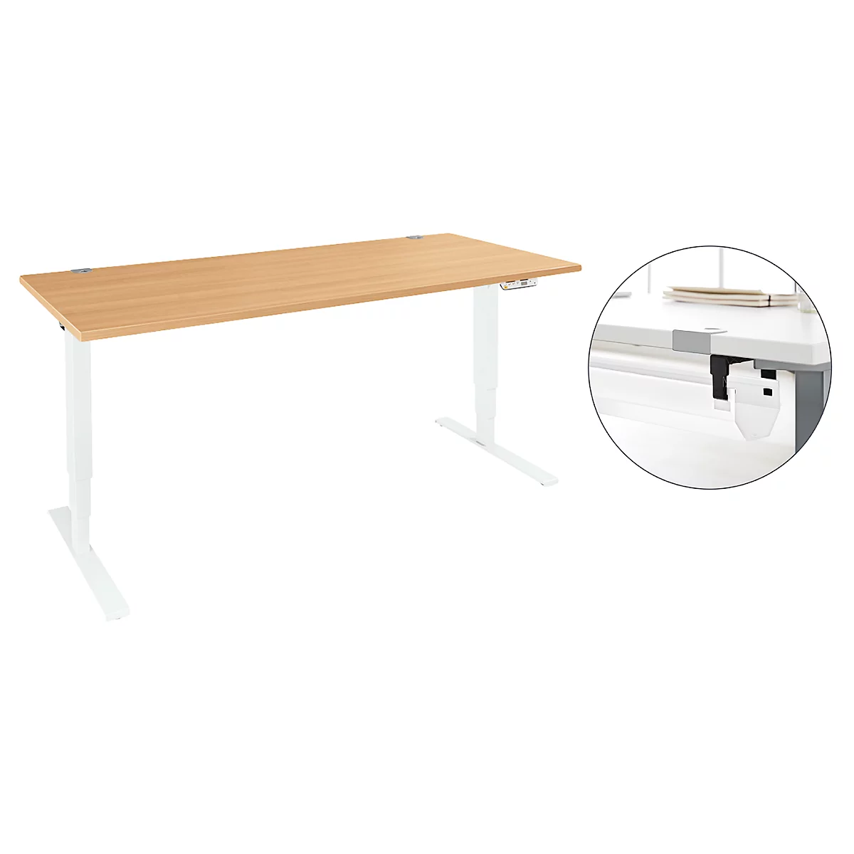Schäfer Shop Genius Schreibtisch Aero Flex, elektrisch höhenverstellbar, B 1600 x T 800 x H 620-1280 mm, Buche/weiß + Kabelkanal