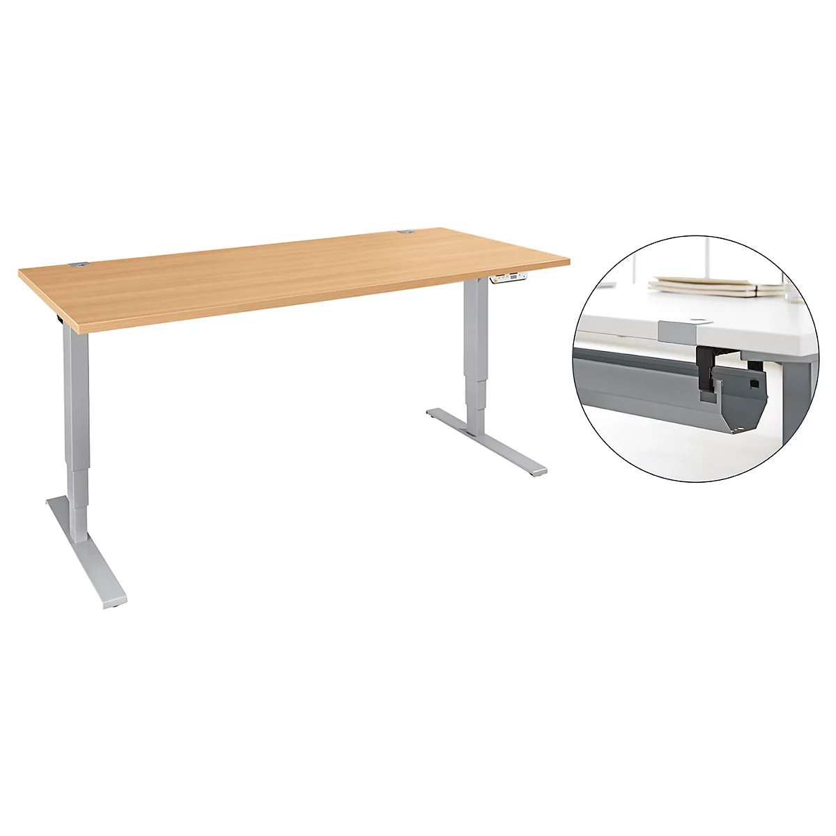 Schäfer Shop Genius Schreibtisch Aero Flex, elektrisch höhenverstellbar, B 1600 x T 800 x H 620-1280 mm, Buche/weißalu + Kabelkanal