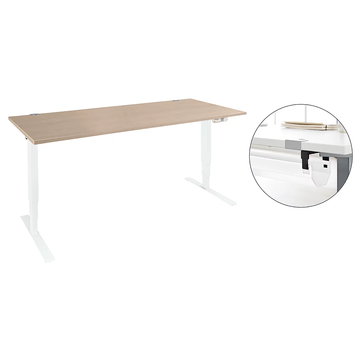Schäfer Shop Genius Schreibtisch Aero Flex, elektrisch höhenverstellbar, B 1600 x T 800 x H 620-1280 mm, Eiche/weiß+ Kabelkanal