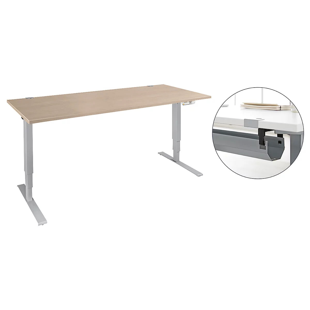 Schäfer Shop Genius Schreibtisch Aero Flex, elektrisch höhenverstellbar, B 1600 x T 800 x H 620-1280 mm, Eiche/weißalu+ Kabelkanal