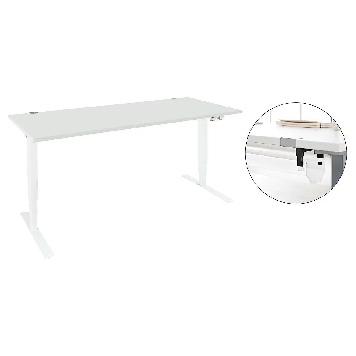 Schäfer Shop Genius Schreibtisch Aero Flex, elektrisch höhenverstellbar, B 1600 x T 800 x H 620-1280 mm, lichtgrau/weiß + Kabelkanal